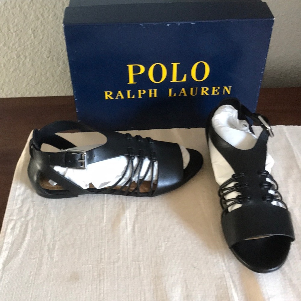 POLO RALPH LAUREN black flat sandals silver buckle